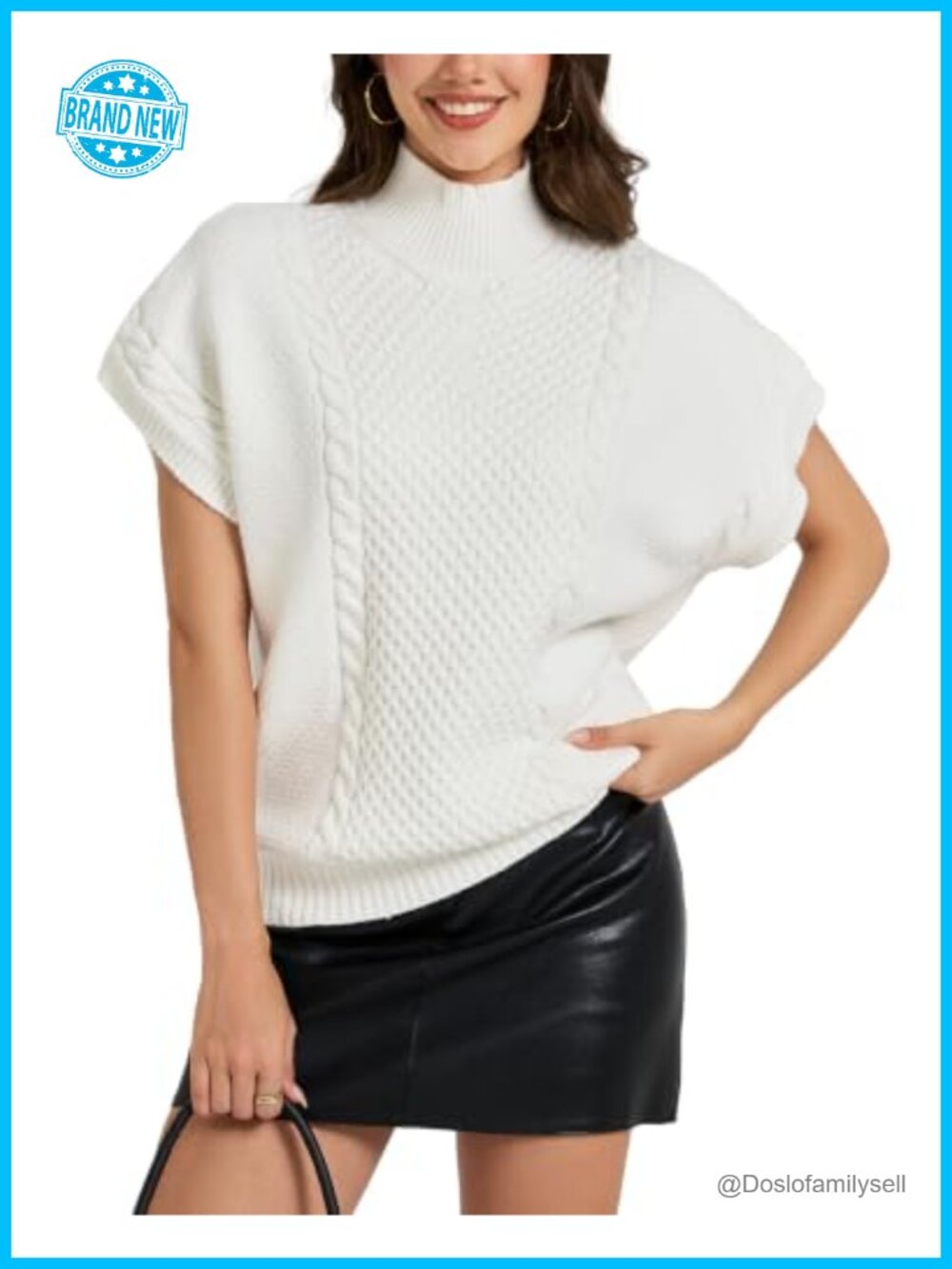 Mock Neck Cable Knit Short Sleeve Sweater Vest Oversized Pullover